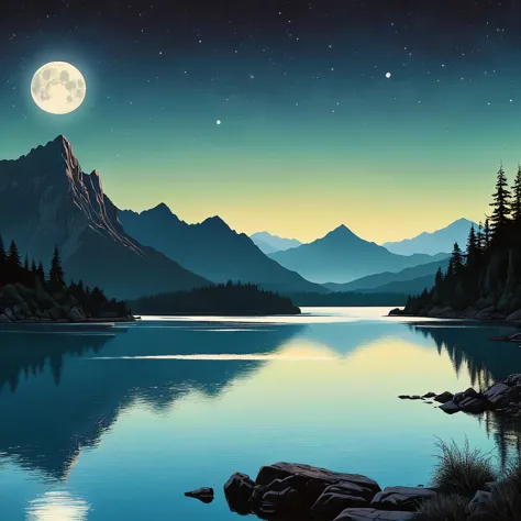 A Neo-Romantic depiction of a moonlit lake with a focus on emotional intensity and dramatic scenery.