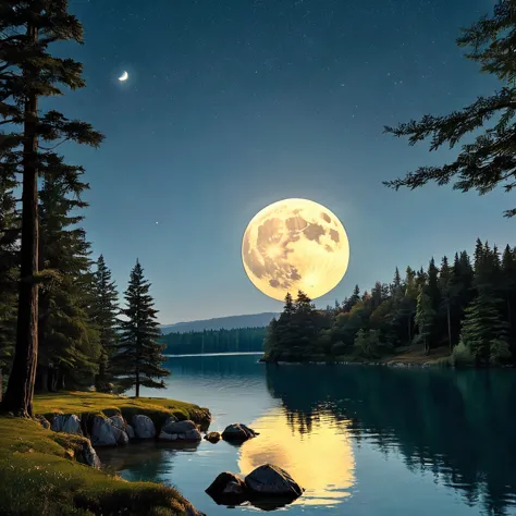 a neo-romantic depiction of a moonlit lake with a focus on emotional intensity and dramatic scenery.