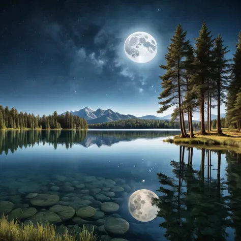 A photorealistic image of a moonlit lake with highly detailed reflections and a precise representation of nature