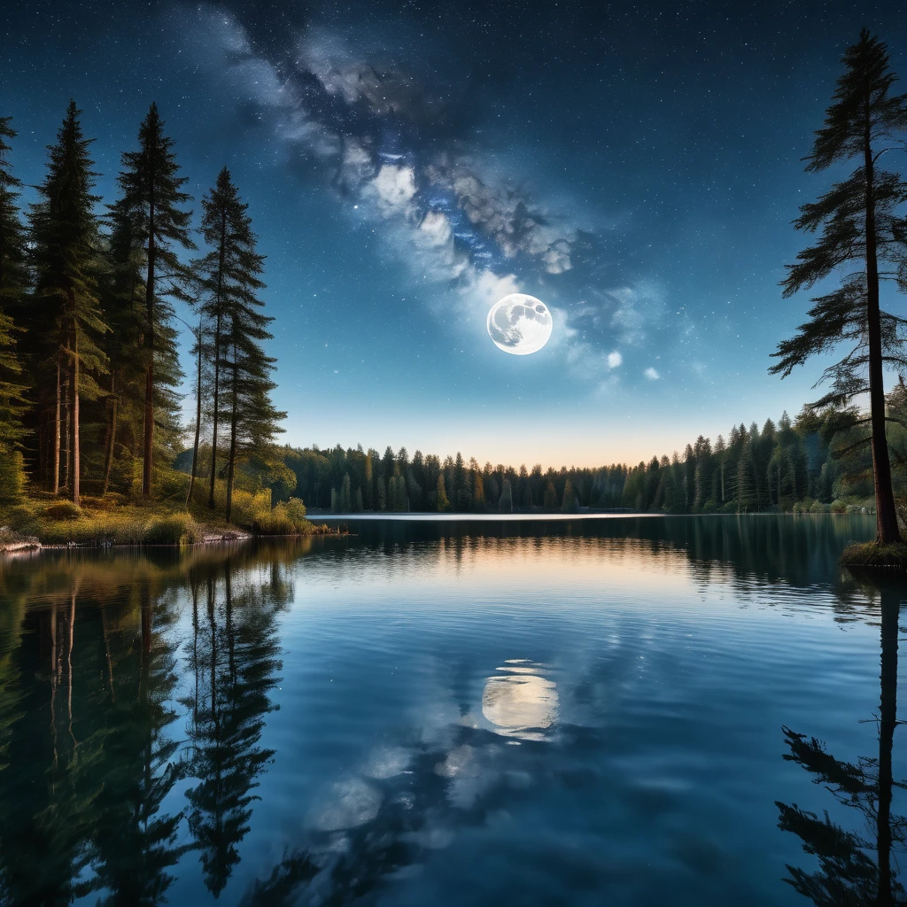 A photorealistic image of a moonlit lake with highly detailed reflections and a precise representation of nature