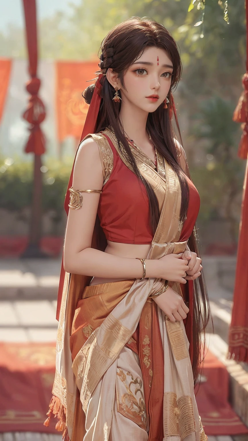 upper half body of (A hyper-realistic), (illustration), (high resolution), (8K), (highly detailed), (The best illustration of beautiful detailed image), (top-quality), (ultra-detailed), (​masterpiece), (beautiful attractive face), long hair, Earrings with bangs, ((20 year old Indian beautiful girl)) , (((wearing red Indian silk traditional sari ))) , (((Glamorous body))) , Elegant Pose, Seduction pose, Looking at the camera, garden background