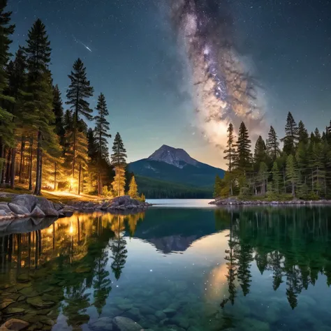 A serene nighttime landscape featuring a calm lake surrounded by tall pine trees. In the center of the image is a small rocky is...