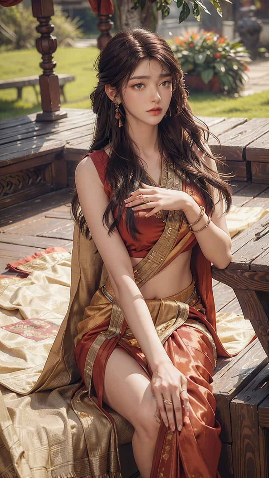 upper half body of (A hyper-realistic), (illustration), (high resolution), (8K), (highly detailed), (The best illustration of beautiful detailed image), (top-quality), (ultra-detailed), (​masterpiece), (beautiful attractive face), long hair, Earrings with bangs, ((20 year old Indian beautiful girl)) , (((wearing red Indian silk traditional sari ))) , (((Glamorous body))) ,sitting pose , Elegant Pose, Seduction pose, Looking at the camera, garden background