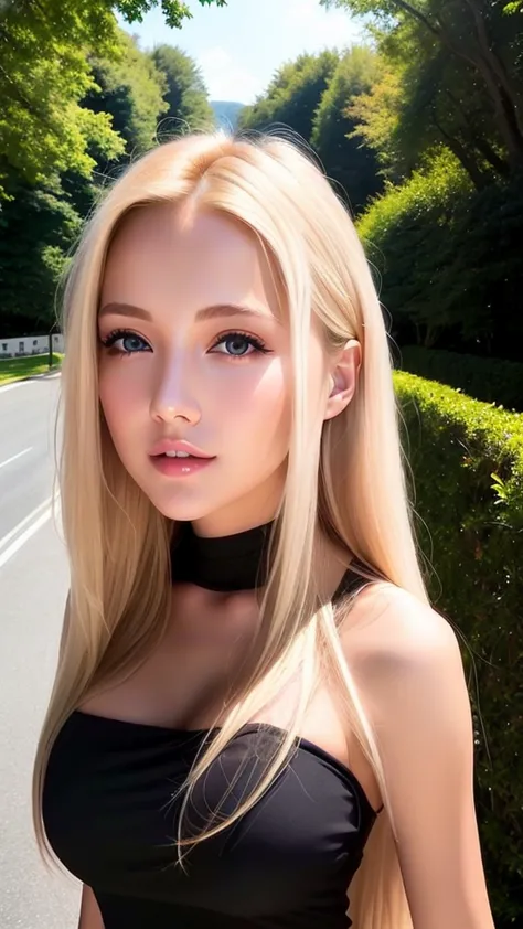 a 23 year old blonde woman, ((breasts big)), ((hyper-realism)) ,. blonde hair with light blonde roots. hair blonde, hair with bl...