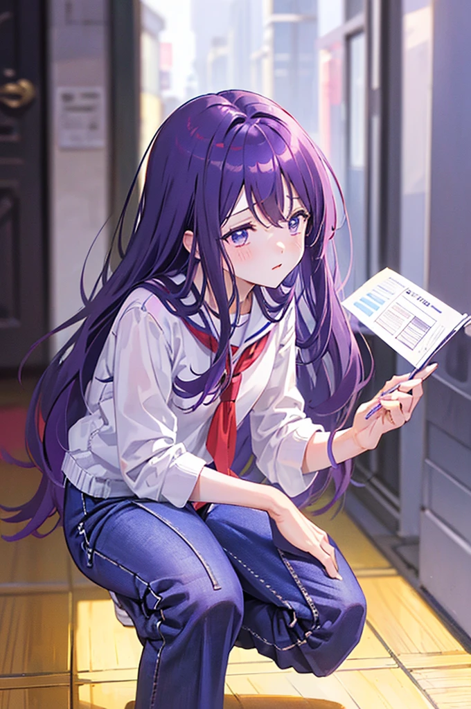 School corridor、Beautiful girl squatting、throw, ((Positive)), expensive 、((I can see your pants:1.4))、Dropped the document、Documents are scattered、Low Angle、Light purple hair、Semi-long hair、Pale purple eyes、
