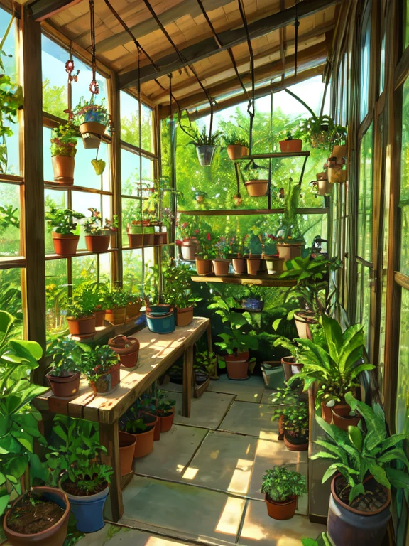 (masterpiece, best quality:1.2), no humans, fusion, indoors, greenhouse, glass walls, potting bench, watering cans, soil, plants