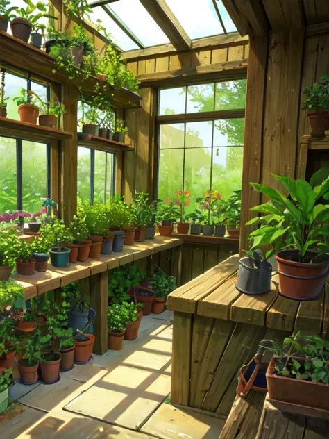 (masterpiece, best quality:1.2), no humans, fusion, indoors, greenhouse, glass walls, potting bench, watering cans, soil, plants