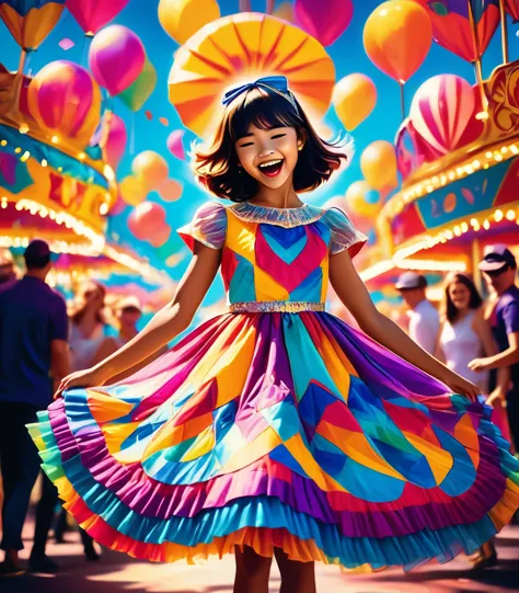 candid photo of a girl wearing a sweetop dress, dancing in a vibrant carnival setting, bathed in colorful, dynamic lighting from...