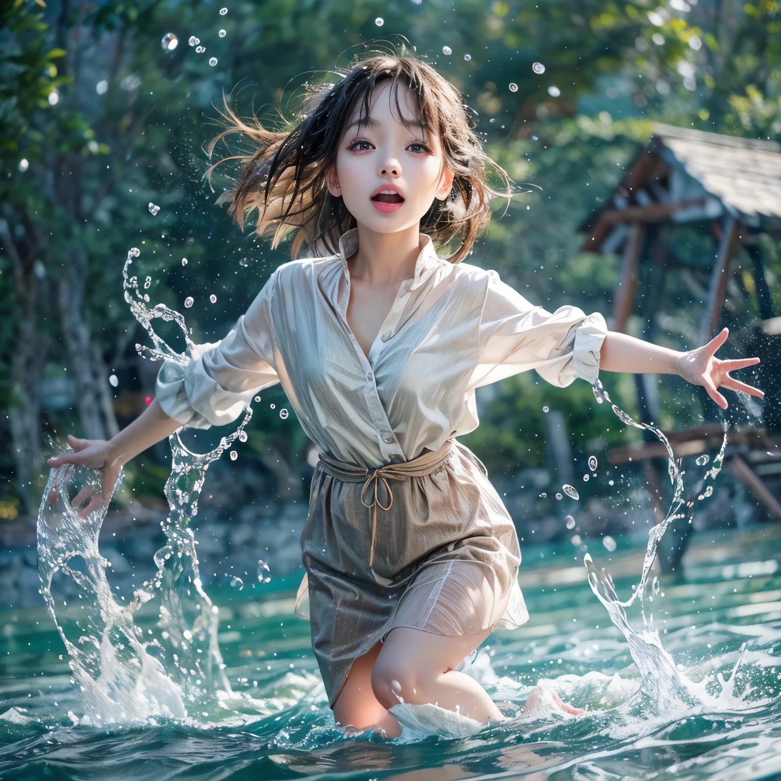 (8K TopQuality masterpiece: 1.2)(Realistic ProfessionalPhoto:1.37), VolumetricLighting. Tiny Girls, girl jumping into the water、Falling、splash water、shout、Luminous water surface、White and Bright colors, back lighting, Radiant PearlSkin, sparkling highlights, Detailed KAWAII face with cute lips, long eyelashes, Delicate clothes, Detailed open crotch