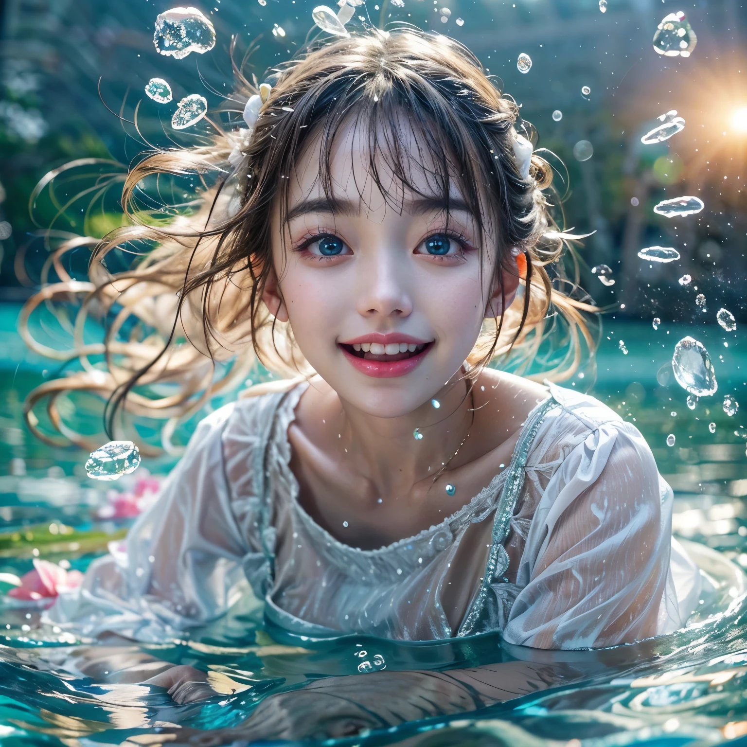 (8K TopQuality masterpiece: 1.2)(Realistic ProfessionalPhoto:1.37), VolumetricLighting. Tiny Girls, girl jumping into the water、Falling、splash water、shout、Luminous water surface、White and Bright colors, back lighting, Radiant PearlSkin, sparkling highlights, Detailed KAWAII face with cute lips, long eyelashes, Delicate clothes, Detailed open crotch