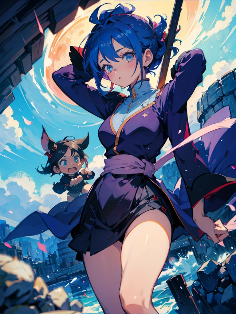 Konan de &#39;Naruto&#39;, showing your whole body. She must be in an elegant and determined pose, wearing the Akatsuki cloak with red clouds. Capture your blue locks styled into a bun with an origami flower attached, and your expressive amber eyes.Add details to your serious and confident expression, and include origami elements around it, like papers shaped like wings or petals floating in the air. The texture and folds of the papers must be visible, highlighting your unique skill.The background can be a gloomy scene or a desolate landscape, reinforcing the Akatsuki atmosphere. Use shadows and dramatic lighting to emphasize the details of the mantle, origami elements, and Konan&#39;s enigmatic presence