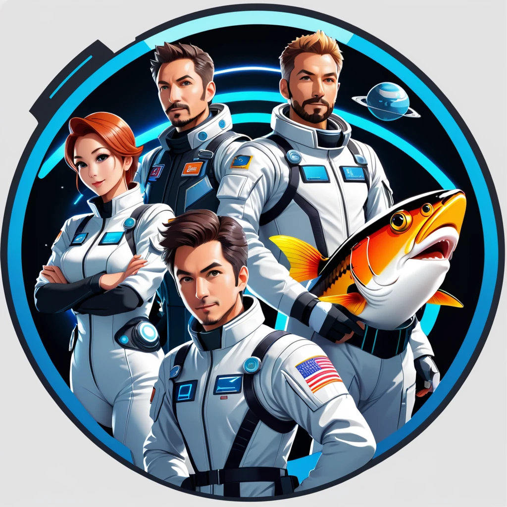 trader , forex , Space Station Zero, sci-fi, futuristic, group shot, space fish team, action pose, t-shirt design, anime style, cartoon, logo, vector graphic, simple and smooth, no background, circle outline