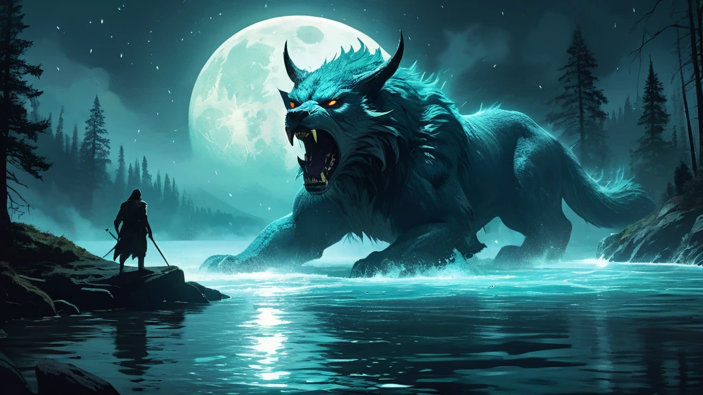 a powerful lycan standing in a river, capturing a moment of primal intensity and raw beauty. The river, nestled within a dark, ancient forest, flows swiftly with crystal-clear water that reflects the moonlight, creating shimmering patterns on the surface. The surrounding trees, with their gnarled branches and dense foliage, add to the mystical and foreboding atmosphere.

The lycan, with its muscular and imposing form, is partially submerged in the river, water cascading around its fur-covered legs. Its eyes, glowing with a fierce and otherworldly light, pierce through the darkness, conveying a mix of predatory instinct and intelligence. The creature’s fur is wet, clinging to its powerful frame, accentuating its formidable presence.

The moon, full and luminous, hangs high in the night sky, casting a silvery glow over the scene. Mist rises from the river’s surface, adding an ethereal quality to the setting. The lycan’s claws dig into the riverbed, and its posture is both tense and alert, as if it senses an unseen threat or is about to leap into action.

The surrounding forest is dense and shadowy, with only glimpses of the rugged terrain visible beyond the river’s edge. The sounds of the night—rustling leaves, distant animal calls, and the steady flow of the river—create a backdrop of wilderness and untamed nature.

This image captures a moment of intense and primal connection between the lycan and its environment, evoking themes of power, mystery, and the untamed beauty of a dark medieval fantasy world.