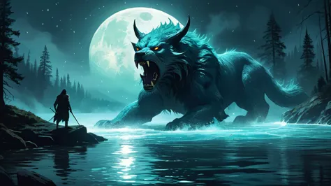a powerful lycan standing in a river, capturing a moment of primal intensity and raw beauty. The river, nestled within a dark, a...