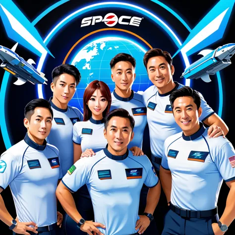 trader , forex , space station zero, sci-fi, futuristic, group shot, space fish team, action pose, t-shirt design, anime style, ...