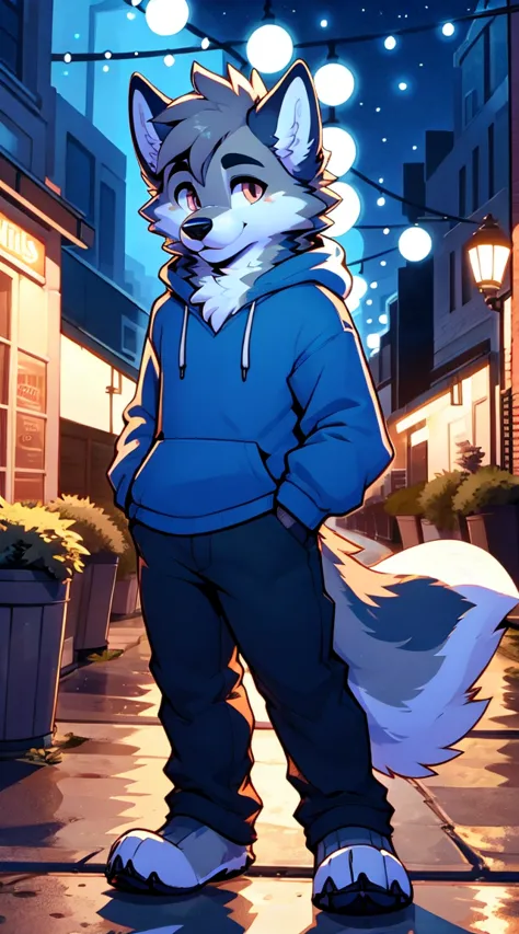 a full body, anthropomorphic brown wolf kid wearing a blue hoodie, pants, wolf face, cute face, glossy fur, big fluffy neckfur, ...