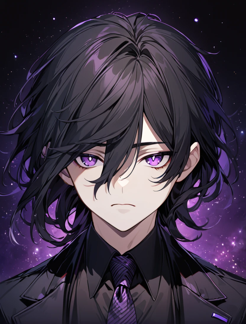 (black_hair), (long_male_hair), (deep_purple_eyes), (high_detailed_eyes), (attractive), (emotionless), (Deep_space_background), (male), (wearing _a_black_suit), (long_male_hair), (detailed_Hair), (detailed), (detailed_mouth), (close_up), (vertical_slit_pupils)