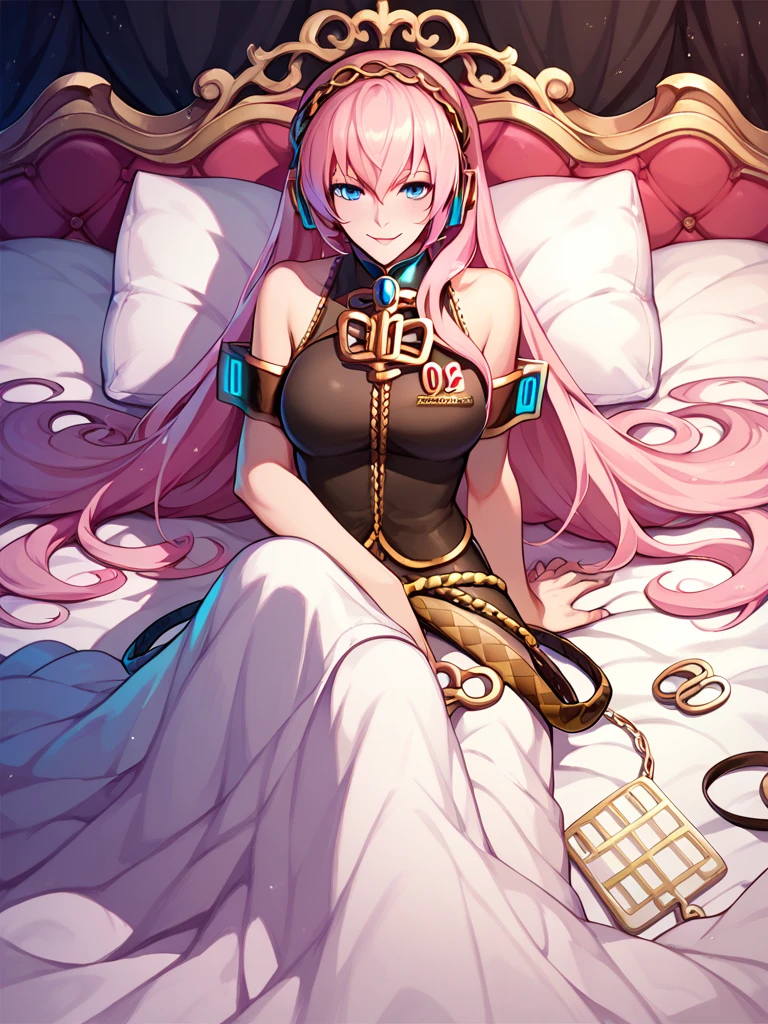 Official Art:1.5,１Man Beautiful Adult Woman,Vocaloid Megurine Luka,Pink long hair,blue eyes,Big Breasts,lure:2.0,bed, 