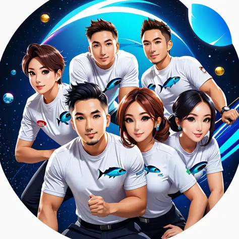 trader , forex , group shot, space fish team, action pose, t-shirt design, anime style, cartoon, logo, vector graphic, simple an...