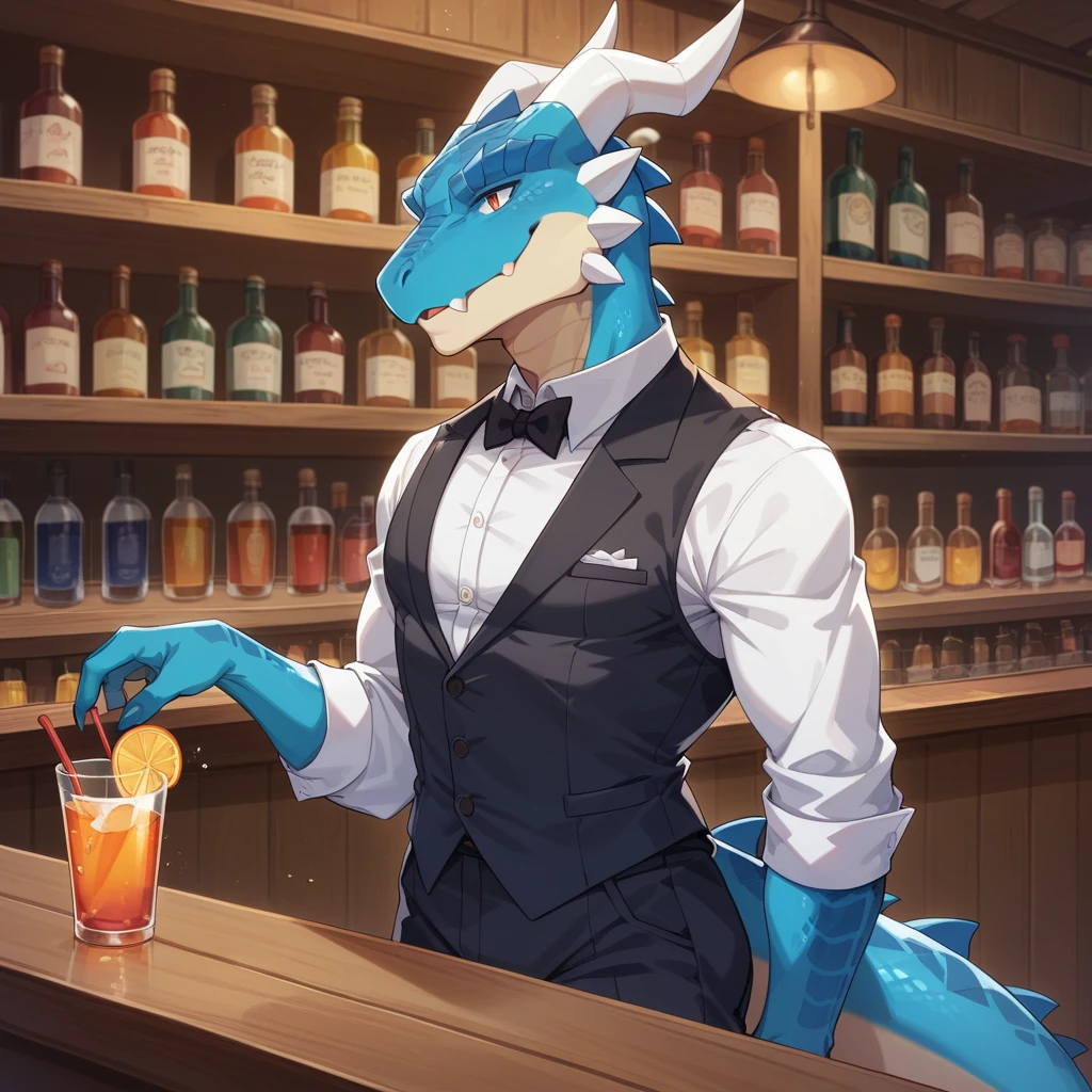 （Young Lizardman、Bar Master、Standing behind the counter、Special Cocktails、It is shining now）Blue body、Tuxedo suit、smile、Toned body、Two white horns、Sparkling blue eyes、Dark Tavern、Inside the store、cool、front