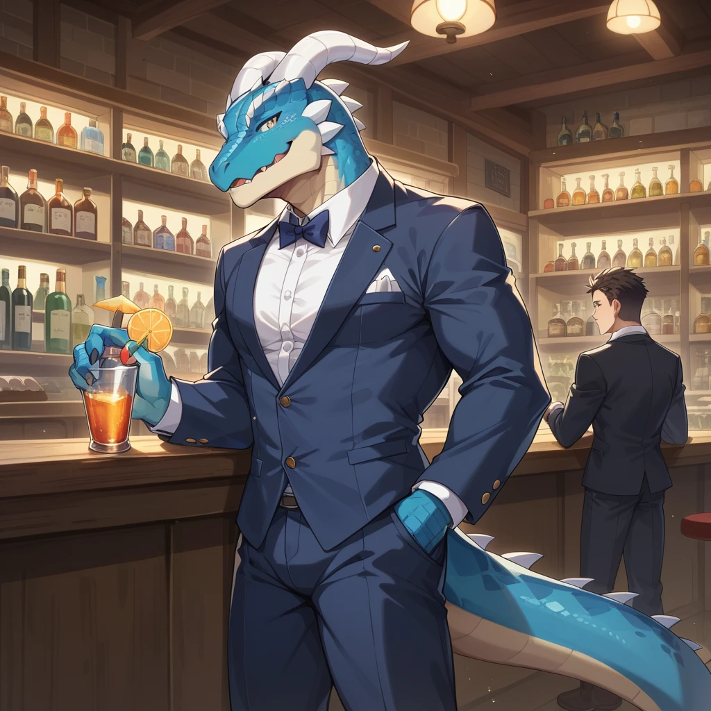 （Young Lizardman、Bar Master、Standing behind the counter、Special Cocktails、It is shining now）Blue body、Tuxedo suit、smile、Toned body、Two white horns、Sparkling blue eyes、Dark Tavern、Inside the store、cool、front