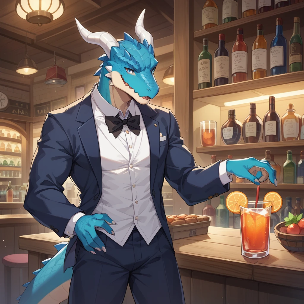 （Young Lizardman、Bar Master、Standing behind the counter、Special Cocktails、It is shining now）Blue body、Tuxedo suit、smile、Toned body、Two white horns、Sparkling blue eyes、Dark Tavern、Inside the store、cool、front