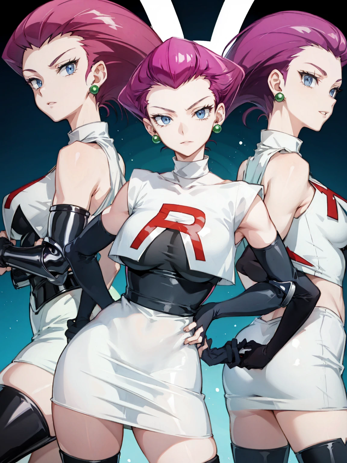 Pokemon-Jessie, Schmuck, offizielle Kunst,(Team Rocket:1.3, Schwarzer Armschutz, Schwarze Kniestrümpfe, weißer Rock, weißes Crop-Shirt) , blaue Augen, Ein Mädchen, lila Haare, Ohrringe, Schlüsselbein, Ich strich mir die Haare zurück., Teile deine Lippen, unscharfer Hintergrund, große Brüste, Hände auf den Hüften
