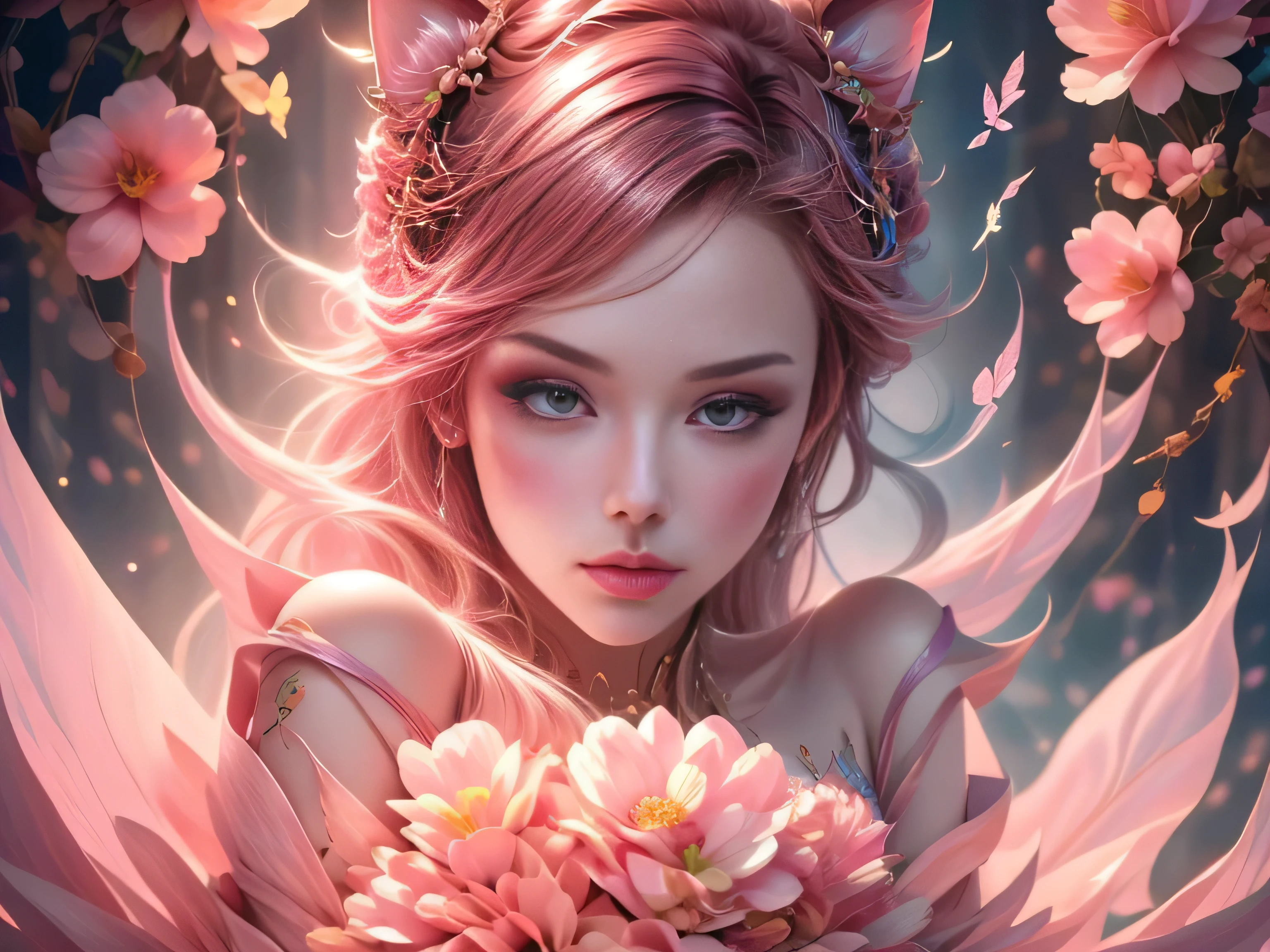 (Best Quality, 8K, Masterpiece, HDR, Soft Lighting, Picture Perfect, Realistic, Vivid), Cat Girl (1.0), Cat Girl with Red Hair and brown eyes and Sexy Revealing Clothes, Pink Bodysuit with Glitter Texture, Beautiful Anime Fantasy, Very beautiful and cute cat girl, large pink butterflies fly around, background blur, anime fantasy, work in Gouves style, realistic: 1.37, top view, red cat girl lies in blue flowers, large pink butterflies fly around, horizontal view, (Ultra High Quality Fantasy Art), Masterpiece, Female Model, Ultra High Quality Female Character Designs, Detailed 8k Anime Art, Realistic Anime Art, Highest Quality Wallpapers, Intricate Ultra High Quality Accurate Female Character Faces, High Quality Designs and Accurate Physics (Fantasy - Ultra High Quality) quality) quality)) art), dark fantasy style), masterpieces, super high-quality characters, anime resolution - 8K, realistic anime art, wallpaper with the highest quality illustrations, ultra-high detail of faces, high-quality design and accurate physics), color, depth of field, shadows, ray tracing, high quality workmanship. -high quality and 8K resolution, (Accurate simulation of the interaction of light and materials)], [High-quality hair detail [More about beautiful and shiny red hair]], (Beautifully detailed hands [perfect fingers [Perfect nails]]], (perfect anatomy (perfect proportions)))) [[Full-length]], [Perfect combination of colors (Accurate imitation of the interaction of light and material)], [art that conveys the meaning of the story](modified)