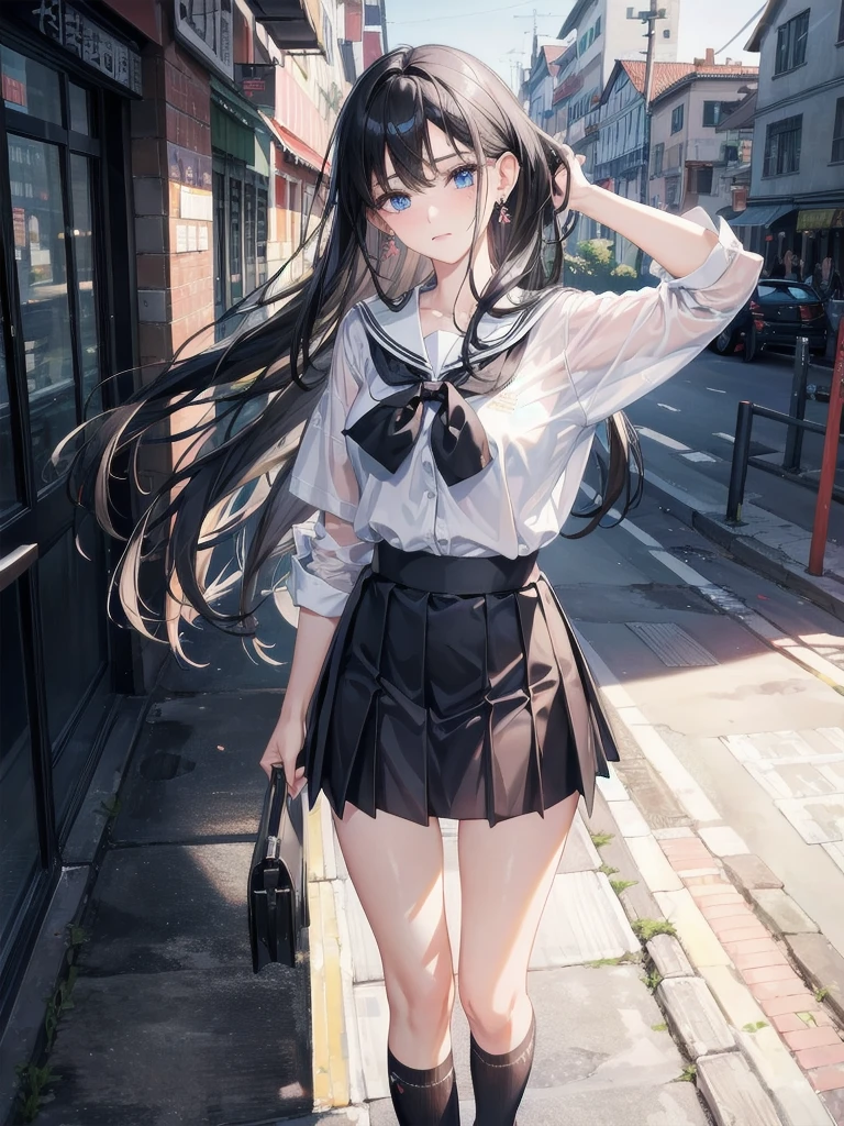 absurdres, RAW photo, extremely delicate and beautiful, masterpiece, Best Quality, ultra high resolution, 32k, hyperrealistic, ultra-detailed, delicate facial features, beautiful detailed woman, tearful mole, earring, medium breasts, full body shot, medium hair, black hair,  Korean school_uniform, summer school_uniform shirt,