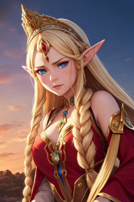 a beautiful elf princess with long braided blonde hair, elf ears, beautiful detailed blue eyes, beautiful detailed thin lips, round face, medium breasts, wearing a red tunic, angry look, arms tied to a trunk, (best quality,4k,8k,highres,masterpiece:1.2),ultra-detailed,(realistic,photorealistic,photo-realistic:1.37),fantasy,concept art,dramatic lighting,vivid colors,cinematic