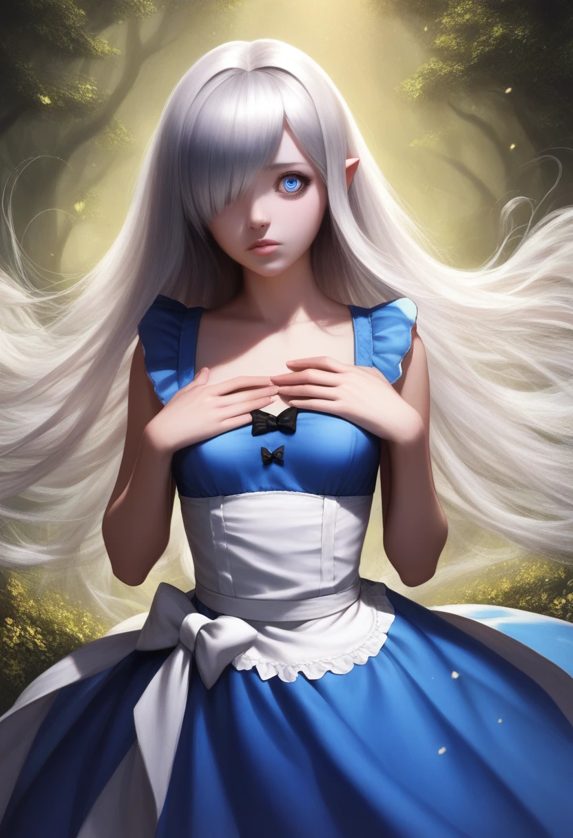 1girl, masterpiece, best quality, 8k, detailed skin texture, detailed cloth texture, beautiful detailed face, intricate details, ultra detailed, Alice in Wonderland, (a bow on her head:1.1), girl, halfling girl, halfling, pale skin, short, short stature, very long silver hair, straight hair that curls at the end, small breasts, pouty lips, masterpiece, best quality, dynamic pose, 8k, hair covering one eye, anime eyes, bright blue eyes, detailed eyes, big round eyes, realistic eyes, windy, eyeliner, shy personality, lots of belts, wind magic, fantasy, dungeons and dragons, detailed granblue fantasy outfit,