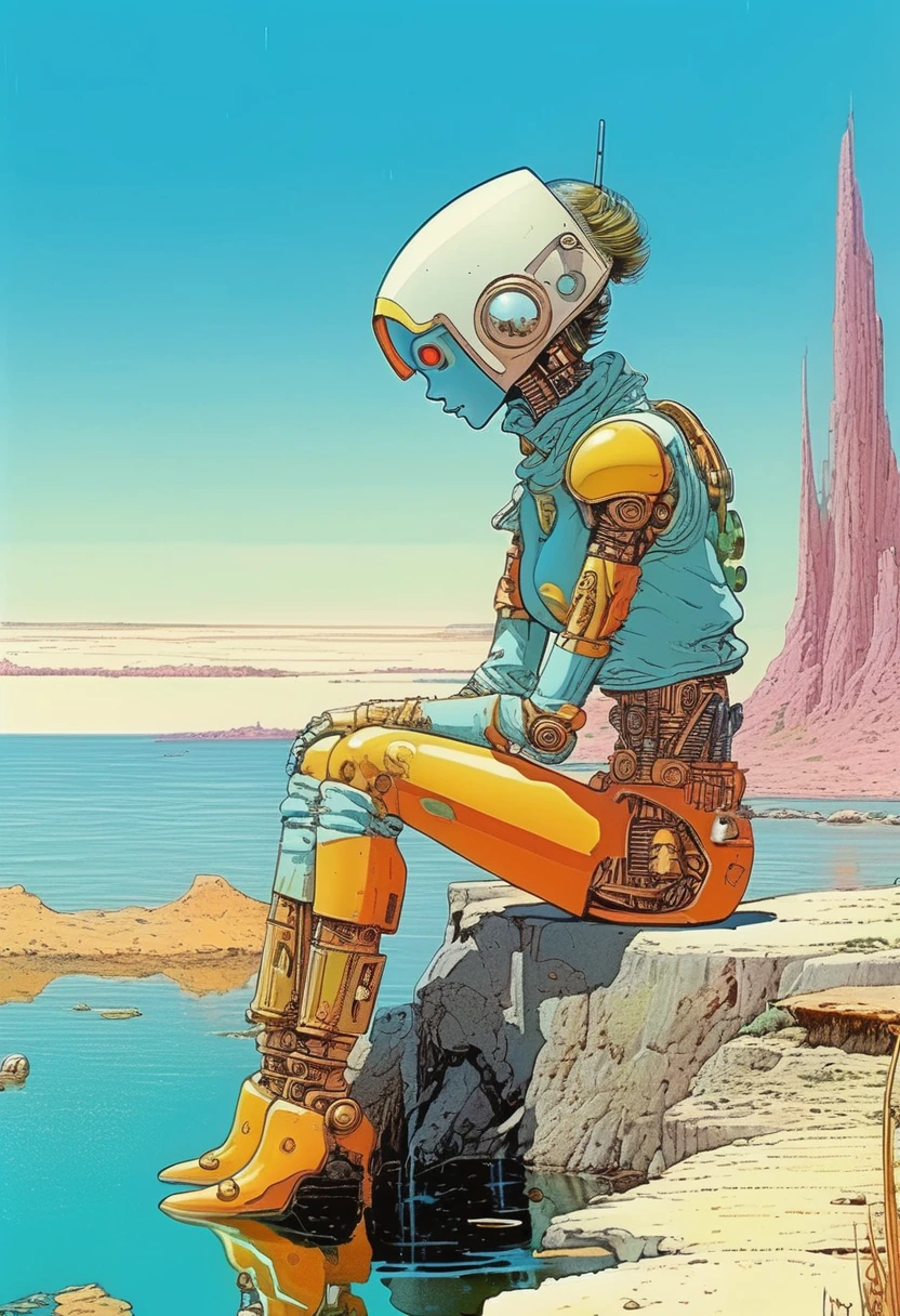 Mobis (Jean Giraud) Style - A picture by Jean Giraud Mobis, The picture shows a robot girl resting by the water, 巨大的白色骨头背景western backdrop in Mobis' signature style with sharp detailing and vibrant colors. Shot with Panavision Panaflex Gold II and Ultra Panavision 70 lenses, The image is full of film grain and low-key lighting，It creates a mysterious and tense atmosphere.