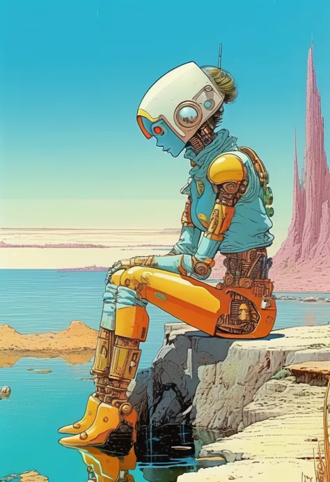 Mobis (Jean Giraud) Style - A picture by Jean Giraud Mobis, The picture shows a robot girl resting by the water, 巨大的白色骨头背景wester...