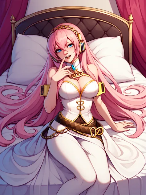 official art,{{{１man beautiful adult woman}}},vocaloid megurine luka,pink long hair,blue eyes,big breasts,lure:1.0,bed,