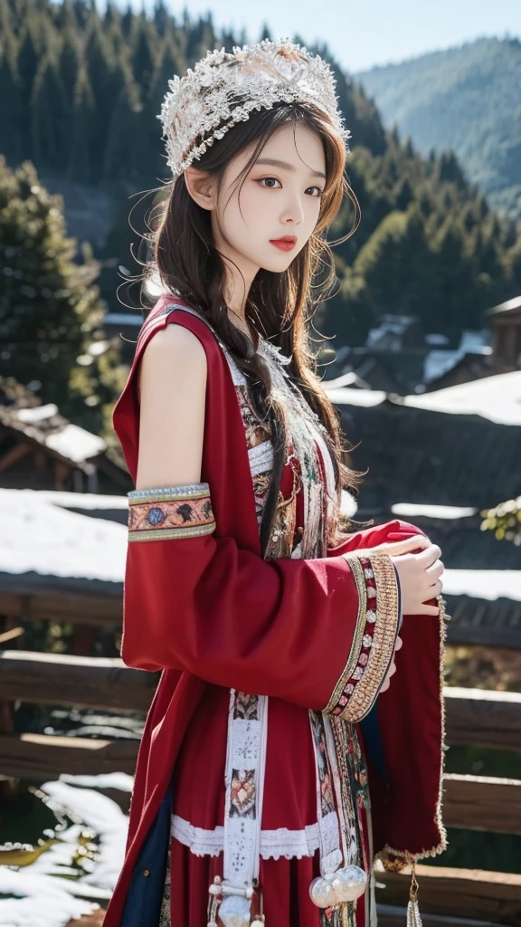 （8K，best quality，masterpiece：1.2），Ultra-high detail，Professional lighting，best quality，Ultra-high resolution，Visually stunning，Character Close-up，Front view，A woman holding flowers，Wearing wide sleeves，Her long hair was gently tied up，Revealing the slender neck，Together with the surrounding snow scenery, it creates a tranquil and mysterious atmosphere，Real human skin，（Perfect body 1.3）Super delicate face。