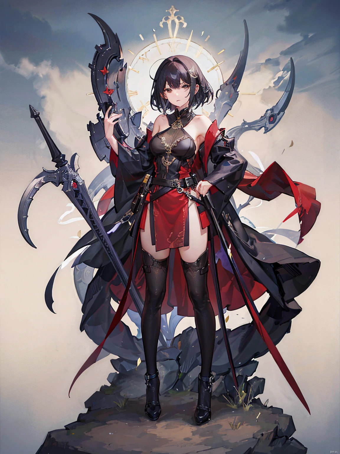 1 Girl，14 years old，tiny body，black hair，Red eyes，Medieval merchant style dress，Adventurer Merchant，mystery，Carrying a huge backpack on his back，Weapons on the waist，whole body，Standing picture，multi-angle，Anime CG，Highest quality，Extremely detailed，Highest definition，8K，Full set of clothing，whole bodyStanding picture，Well-proportioned body，Medieval landscape