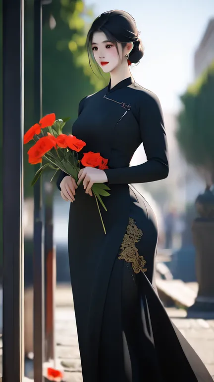 a beautiful girl in vintage colors aodai , masterpiece, best quality, realistic:1.3, street, holding bundle of flowers, red+blac...