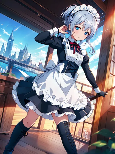 Illustration of one person, Dengeki Bunko, Woman Looking Back, Perfect Human Medicine, Woman keeps falling, {{{{{Maid clothes}}}...