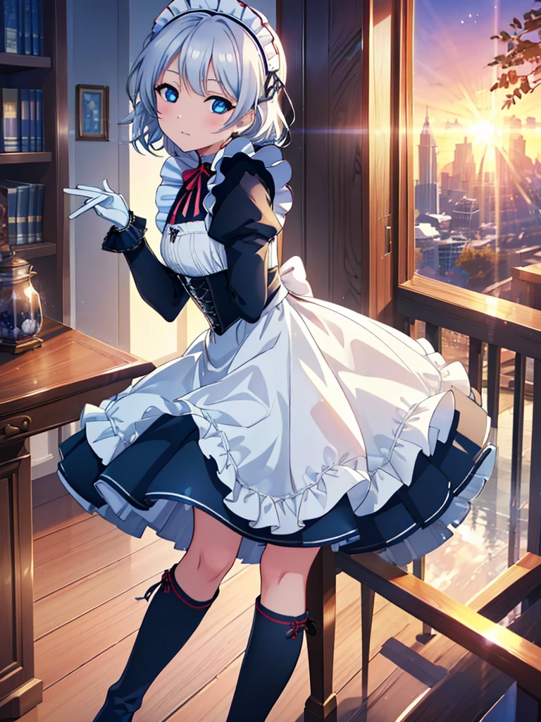 Illustration of one person, Dengeki Bunko, Woman Looking Back, Perfect Human Medicine, Woman keeps falling, {{{{{Maid clothes}}}}},Small ,アニメ, Two legs, Cool,{{{{{50 year old woman}}}}} ,{{{{{a person is depicted}}}}},(Official Art、{{{{{Upper Bodyアングル}}}}},Highest quality、Unity 8k wallpaper、32K、masterpiece、Ultra-detailed、Ultra-high resolution, Realistic、Grab your hair with your hands, Photorealistic:1.2)、(Cinema Lighting:1.2)、,Fire Glow Effect、The most grainy shadows on the film、Rim Light、Side light、Side Shot、(Ultra-detailed and intricate 3D rendering)、Very short hair, Short wolf hair,Beautiful face and eyes in every detail、Sharp pupils、Realistic students、Slender、white maid hat, Highly detailed background、Beautiful Face、Beautiful  girl、(Ultra-detailedなスキン、Detailed skin texture:1.Silver Hair:1.3)、Blunt bangs、Blue eyes、{{{{{黒いMaid clothes}}}}}、White apron costume、Black knee socks、(Thighs Thighs Thighs Thighs:0.8)、Black Bhutanese sticks and a beautiful sunset、Medieval castle、Dancing on the Tower Roof、(avert your eyes、Overlooking the city:1.3)、Fantastic、Close your mouth and bite, Makes your face smaller, (Tabletop), Highest quality, Perfect Face, 1 Girl, alone, Eye color is light blue, Hair between the eyes, Very Short Hair, Blue eyes, Silver Hair, Knee-high boots, corset,Black gloves, Long sleeve, Upper Body,