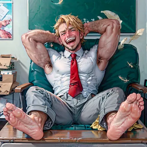 , blonde handsome skinny man wearing white shirts and blue ties and grey pants laughing, sitting on chair and feet on desk, feet...