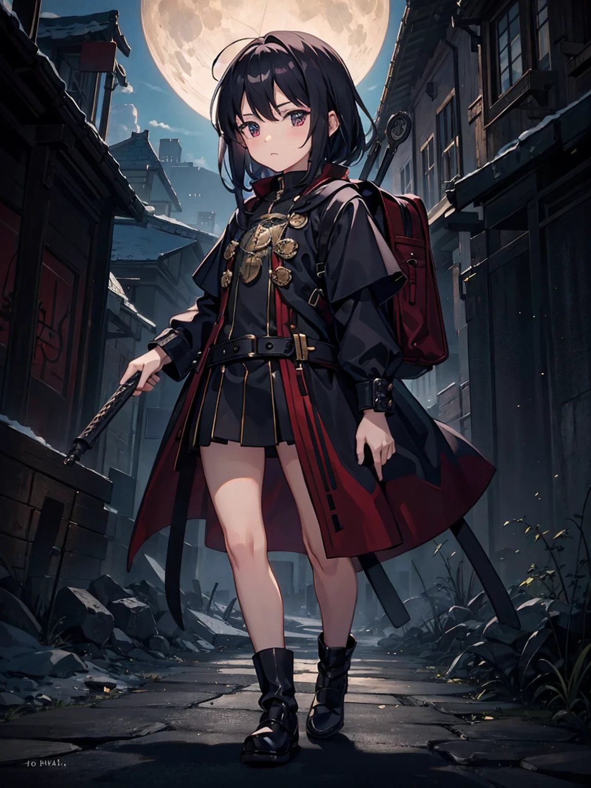 1 Girl，，tiny body，black hair，Red eyes，Medieval merchant style dress，Adventurer Merchant，mystery，Carrying a huge backpack on his back，Weapons on the waist，whole body，Standing picture，multi-angle，Anime CG，Highest quality，Extremely detailed，Highest definition，8K，Full set of clothing，whole bodyStanding picture，Well-proportioned body，Medieval landscape