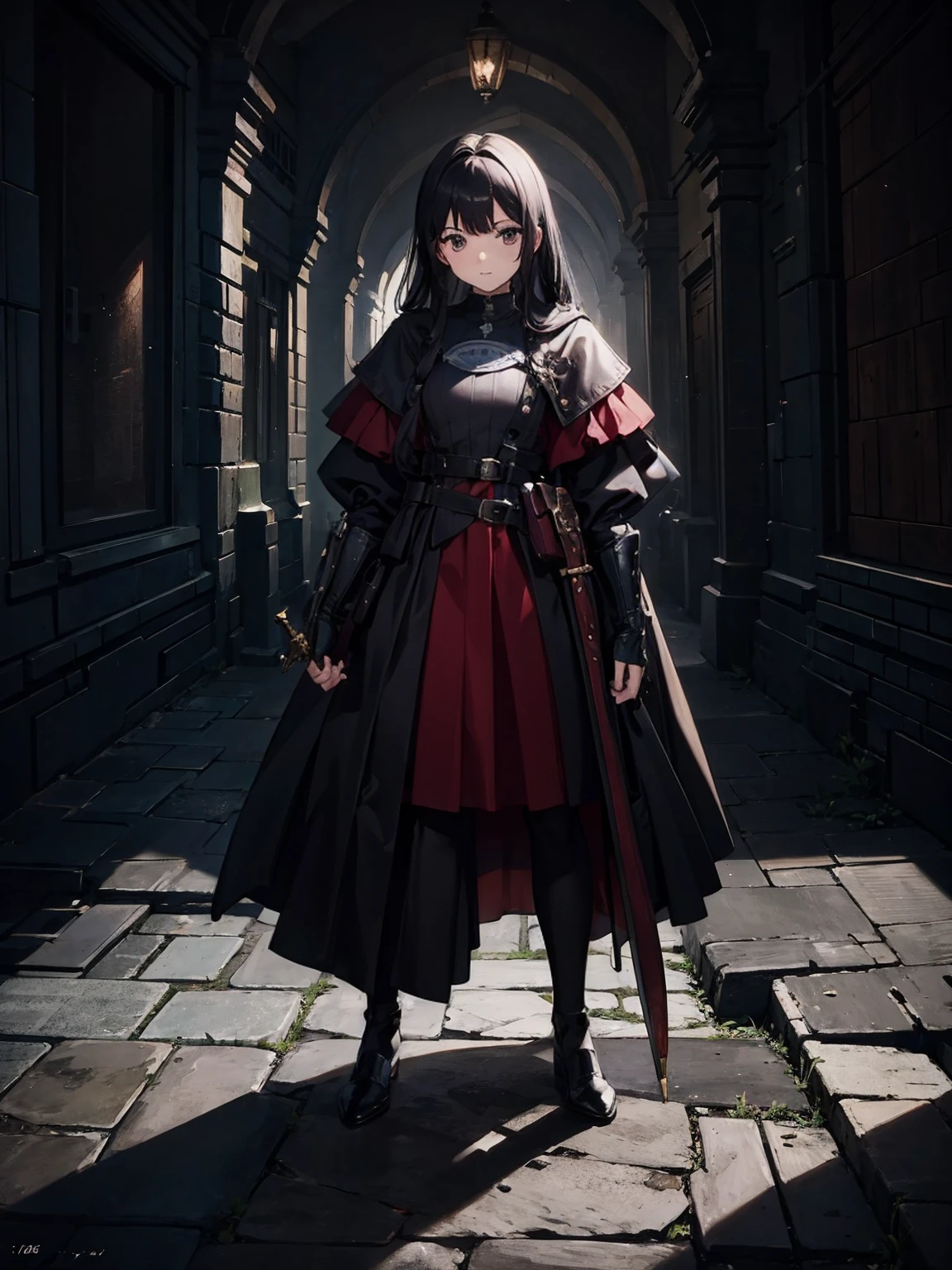 1 Girl，14 years old，tiny body，black hair，Red eyes，Medieval merchant style dress，Adventurer Merchant，mystery，Carrying a huge backpack on his back，Weapons on the waist，whole body，Standing picture，multi-angle，Anime CG，Highest quality，Extremely detailed，Highest definition，8K，Full set of clothing，whole bodyStanding picture，Well-proportioned body，Medieval landscape