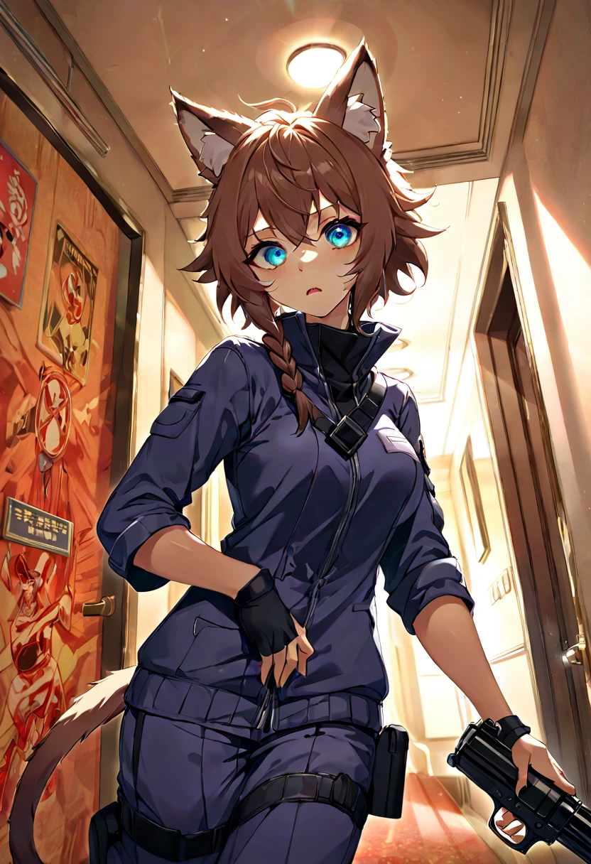 dynamic angle, top quality, best quality, High-quality illustrations, masterpiece, super high resolution, detailed background, detailed background, biohazard, Dim hotel hallway, gun fight, game package, absurdres(highly detailed beautiful face and eyes)perfect anatomy, expression, good lighting, cinematic shadow(kemono, furry anthro),