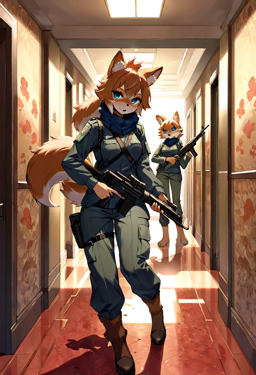 dynamic angle, top quality, best quality, High-quality illustrations, masterpiece, super high resolution, detailed background, detailed background, biohazard, Dim hotel hallway, gun fight, game package, absurdres(highly detailed beautiful face and eyes)perfect anatomy, expression, good lighting, cinematic shadow(kemono, furry anthro),