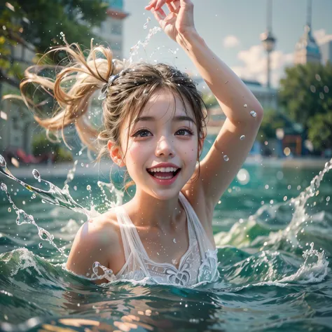 (8K TopQuality masterpiece: 1.2)(Realistic ProfessionalPhoto:1.37), VolumetricLighting. Tiny Girls, girl jumping into the water、...