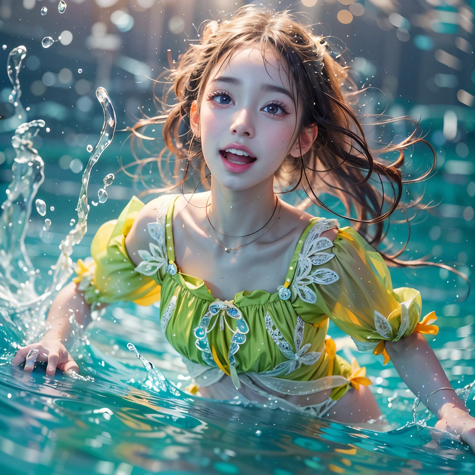 (8K TopQuality masterpiece: 1.2)(Realistic ProfessionalPhoto:1.37), VolumetricLighting. Tiny Girls, girl jumping into the water、Falling、splash water、shout、Luminous water surface、White and Bright colors, back lighting, Radiant PearlSkin, sparkling highlights, Detailed KAWAII face with cute lips, long eyelashes, Delicate clothes, Detailed open crotch