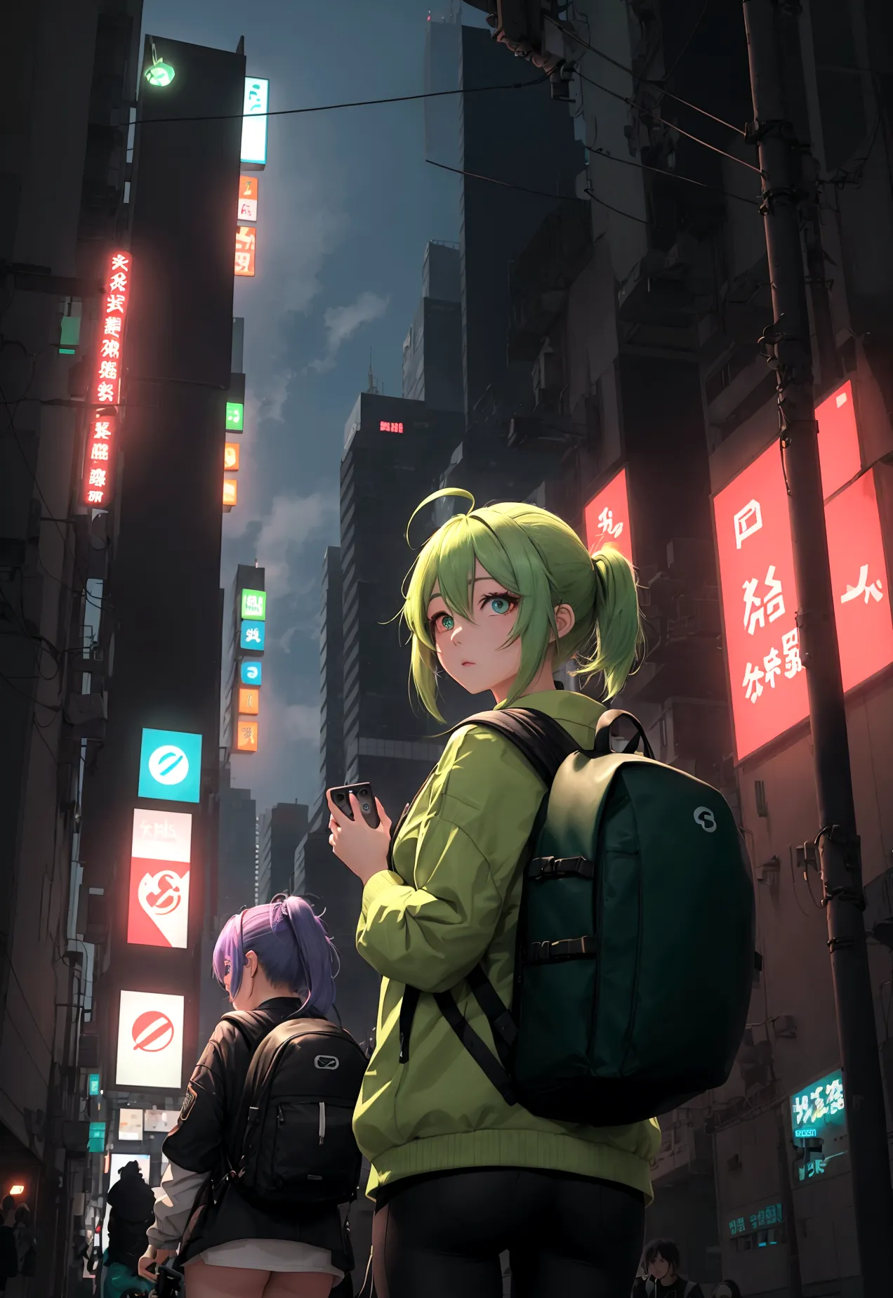 the story takes place in the future of shinjuku.、the girl with green gradient hair is carrying a backpack、the backpack is runnin...