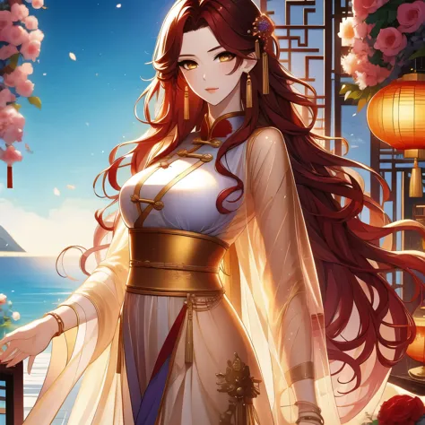 (masterpiece, best quality:1.2), 1women, xian mei, solo, chinese clothes, ultra long skirt, golden eyes, long red curly hair, je...