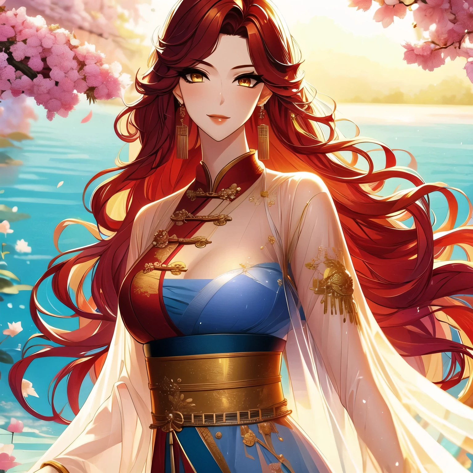 (masterpiece, best quality:1.2), 1women, xian mei, solo, chinese clothes, ultra long skirt, golden eyes, long red curly hair, jewellery, perfect anatomy