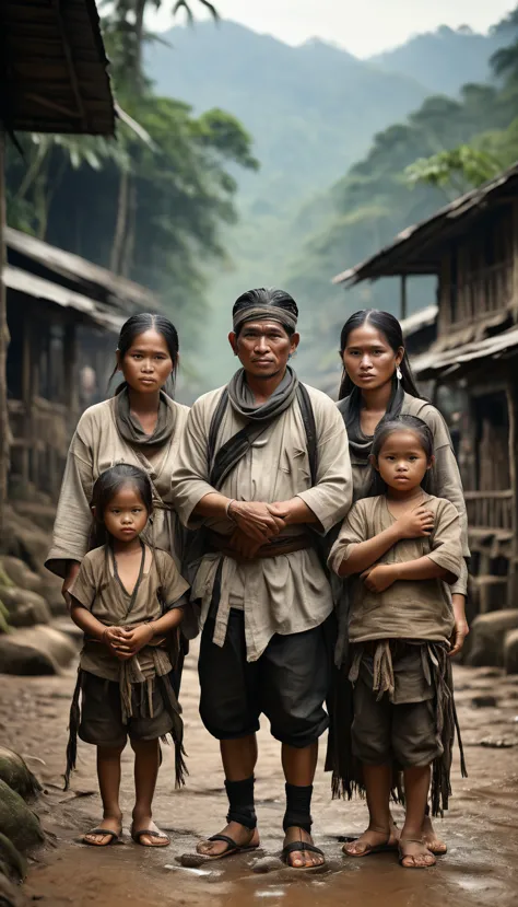 asep baduy tribe and his family abandoned by their tribe, dressed in dull white, left to fend for themselves in the wild, cinema...